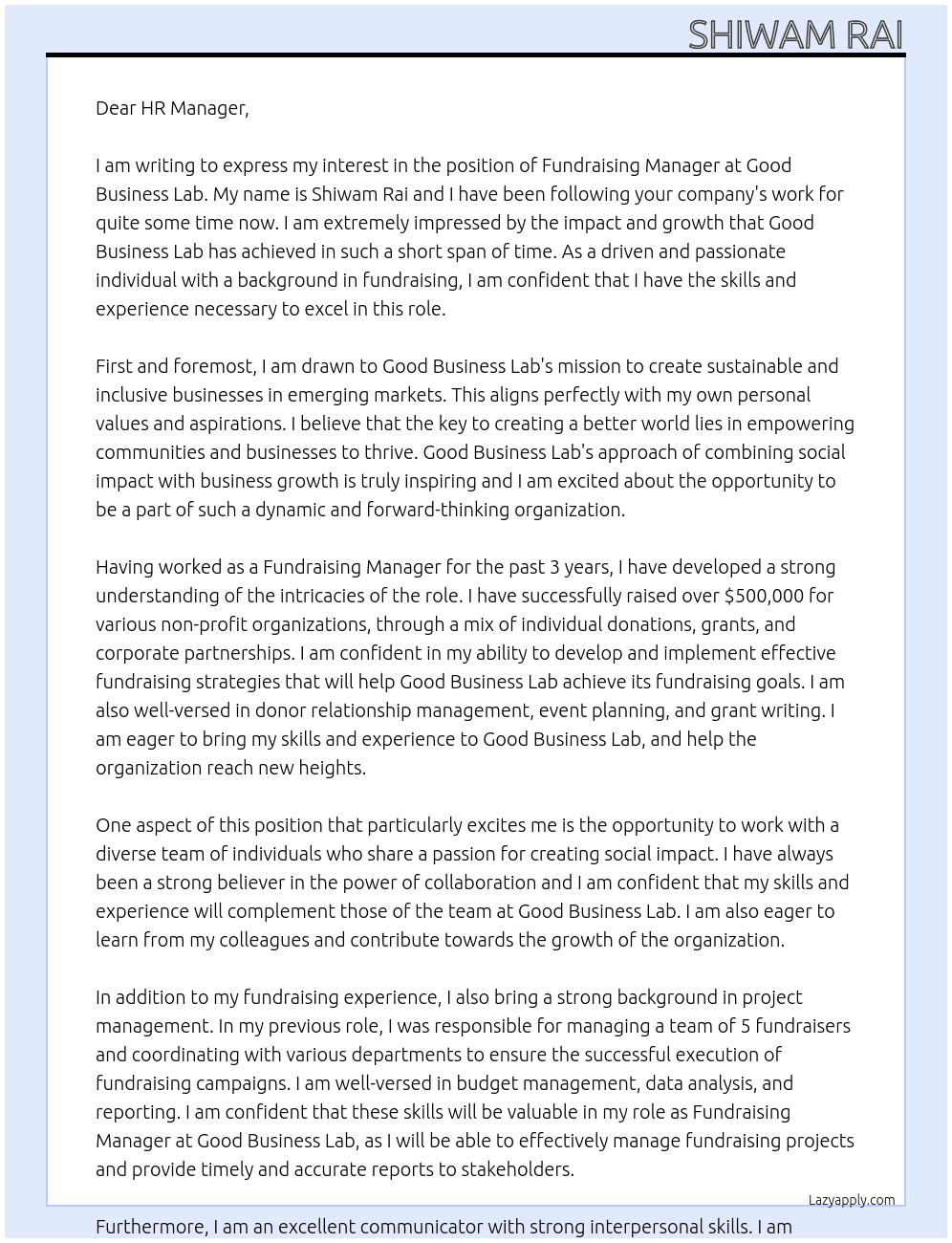 Fundraising Managaer At Good Business Lab Cover Letter