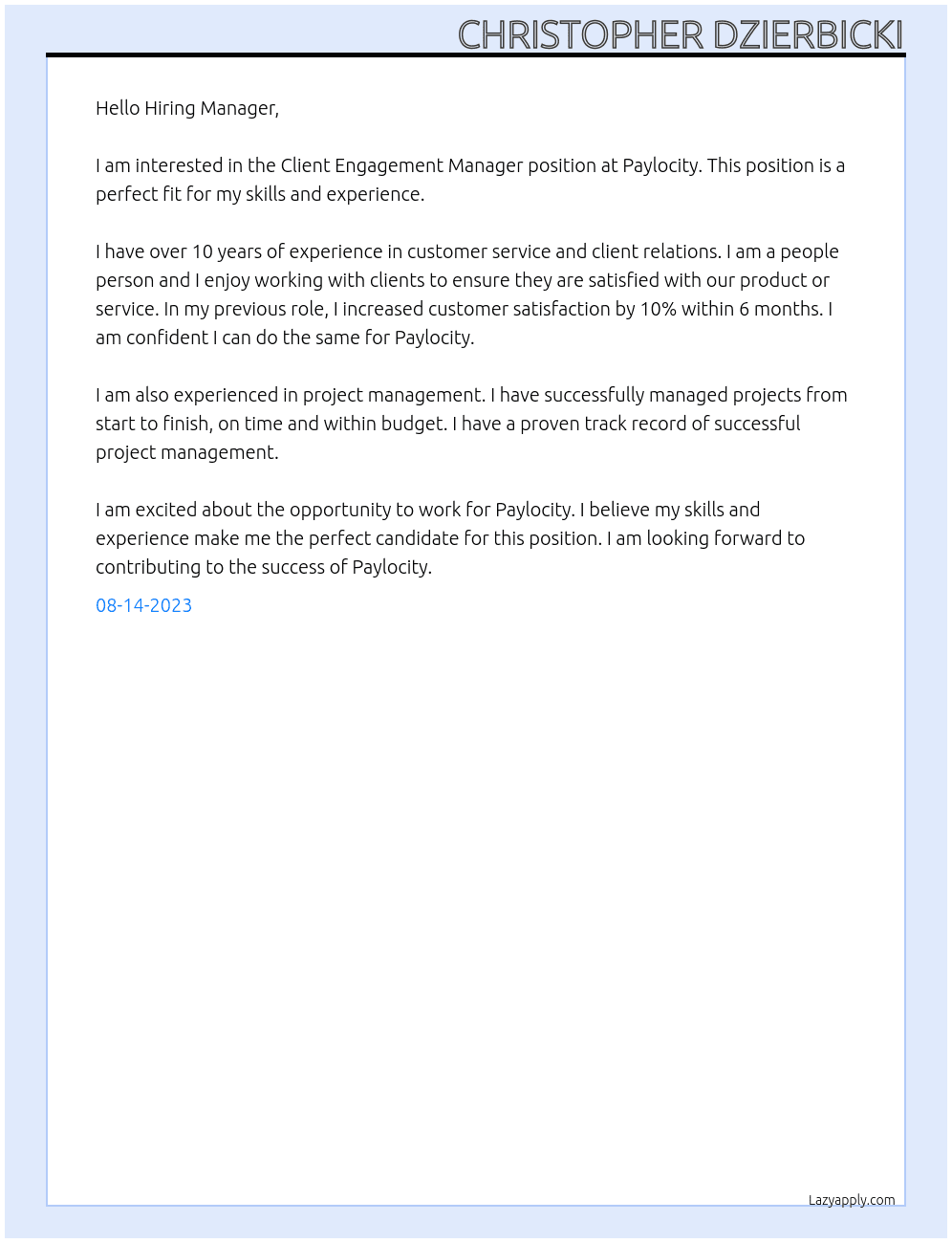 Client Engagement Manager  At Paylocity Cover Letter