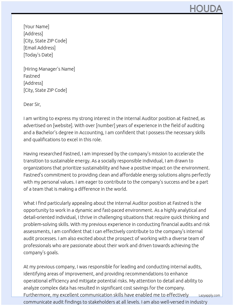Internal auditor At Fastned Cover Letter