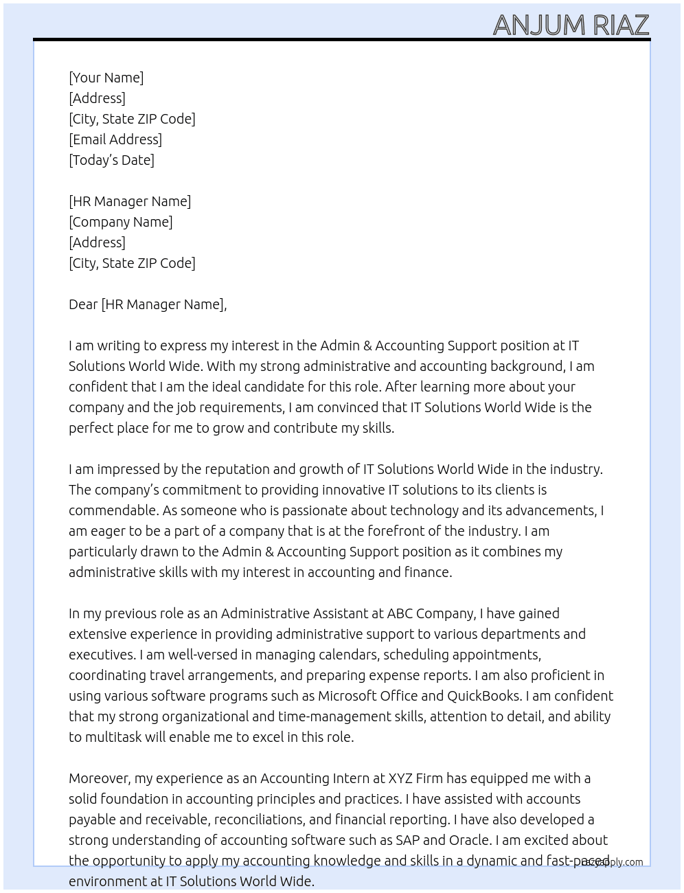 Admin & Accounting Support At IT Solutions World Wide Cover Letter