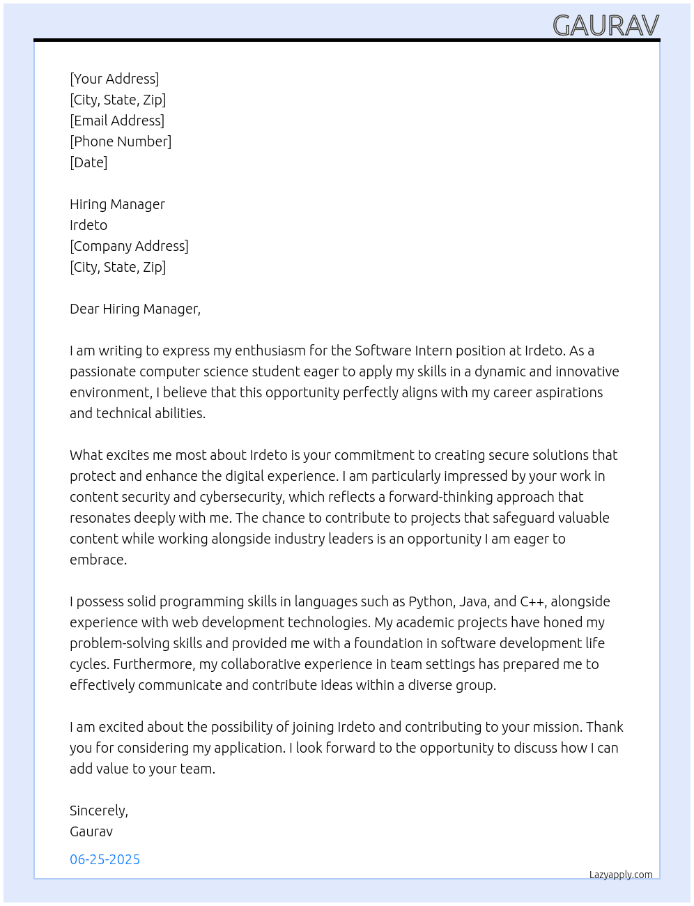Cover letter for software -intern - LazyApply
