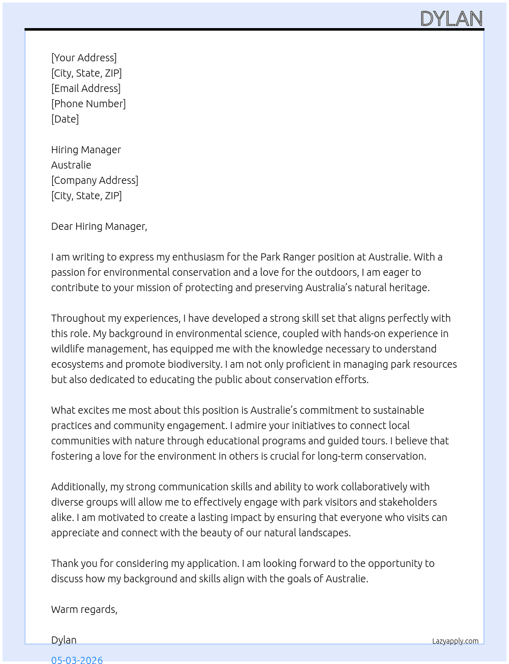 Park ranger  At Australie  Cover Letter