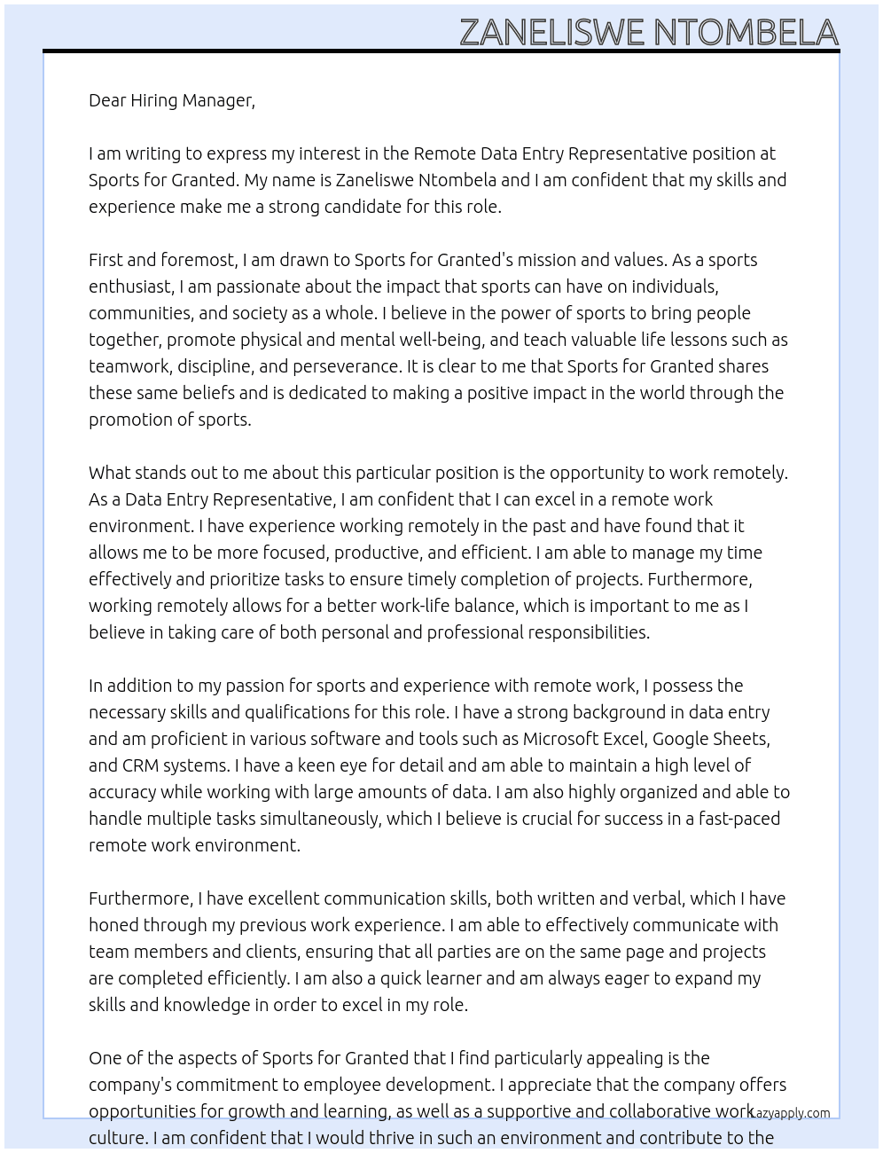 Remote Data Entry Representative (Work From Home) At Sports for Granted Cover Letter