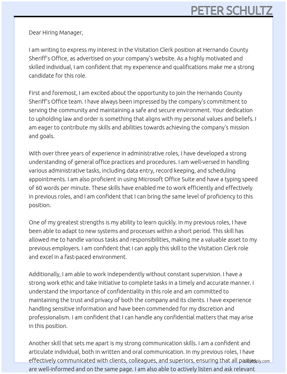 Visitation Clerk At Hernando County Sheriff's Office Cover Letter