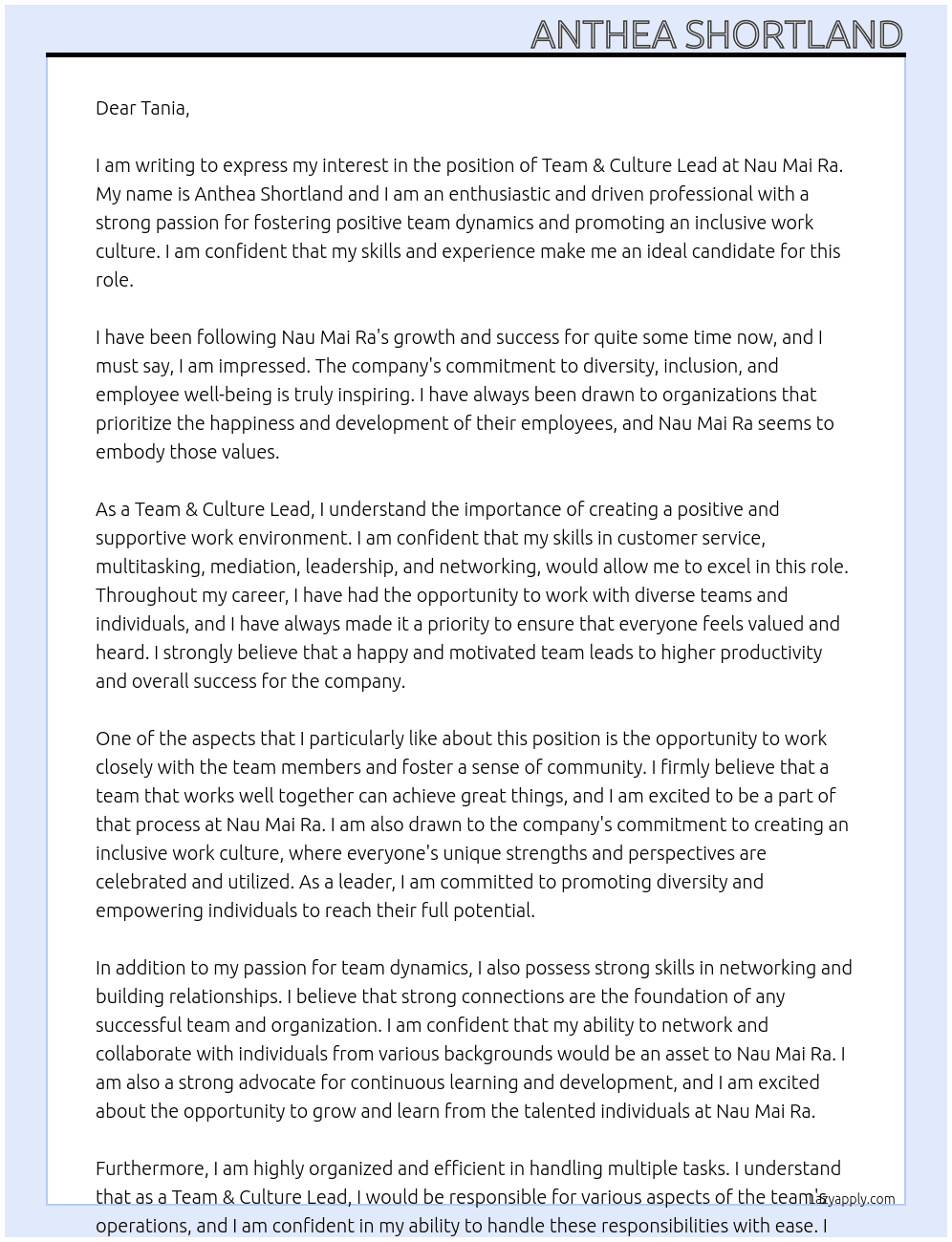 Team & Culture Lead At Nau Mai Ra Cover Letter