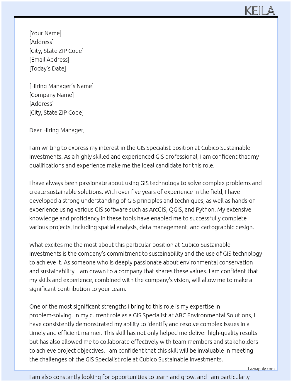 GIS Specialist  At  Cubico Sustainable Investments Cover Letter