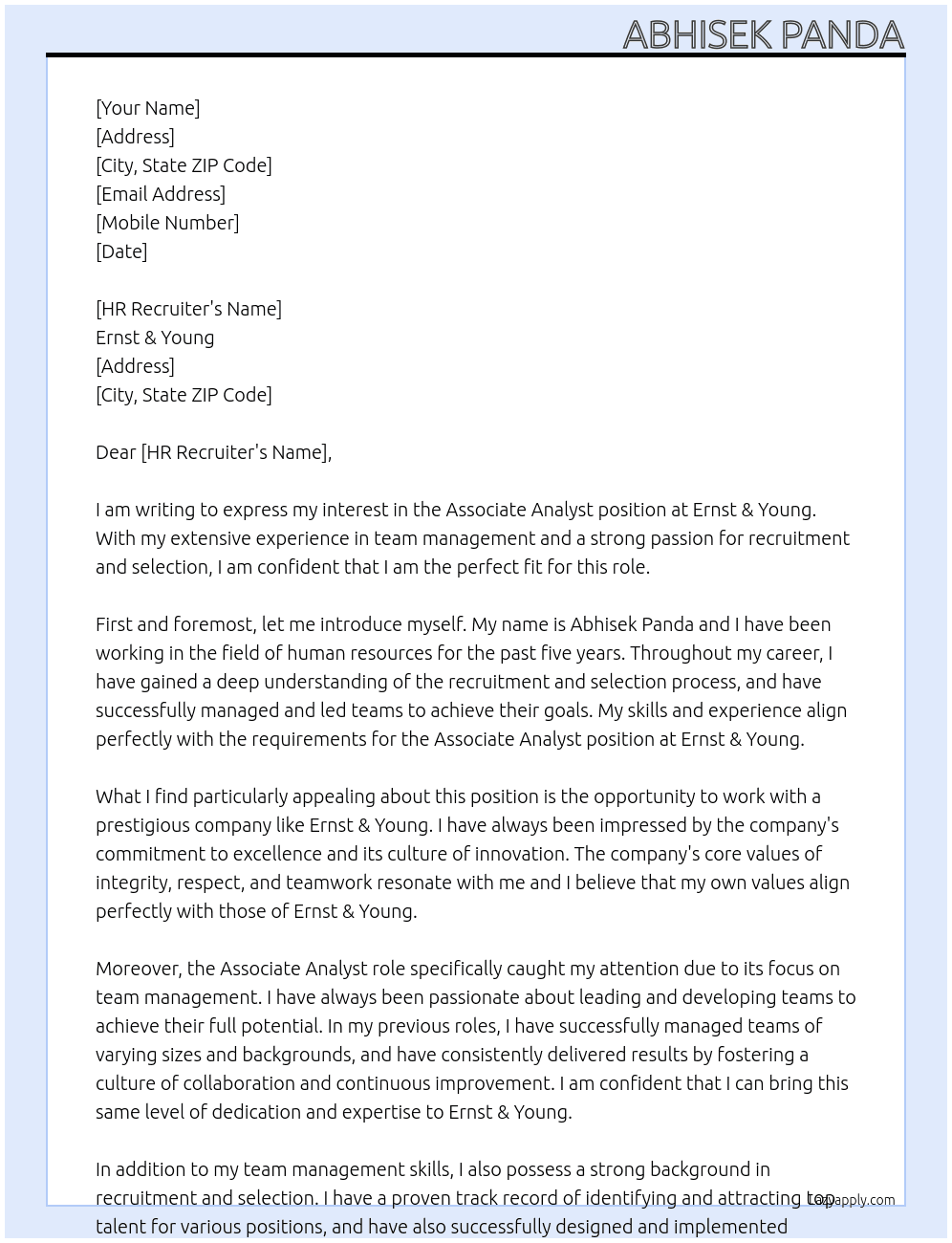Associate analyst  At Ernst & young  Cover Letter