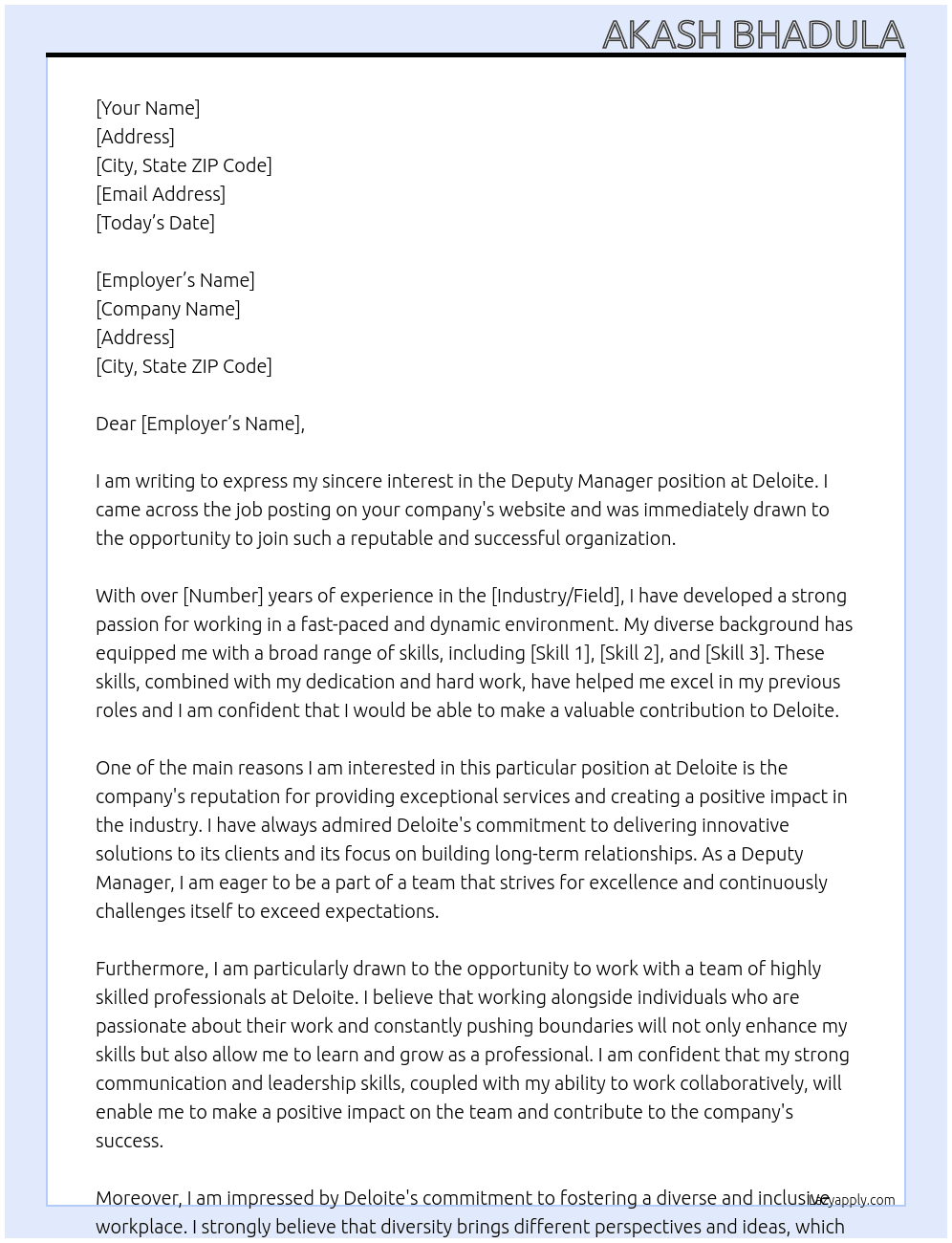 Deputy manager At Deloite Cover Letter