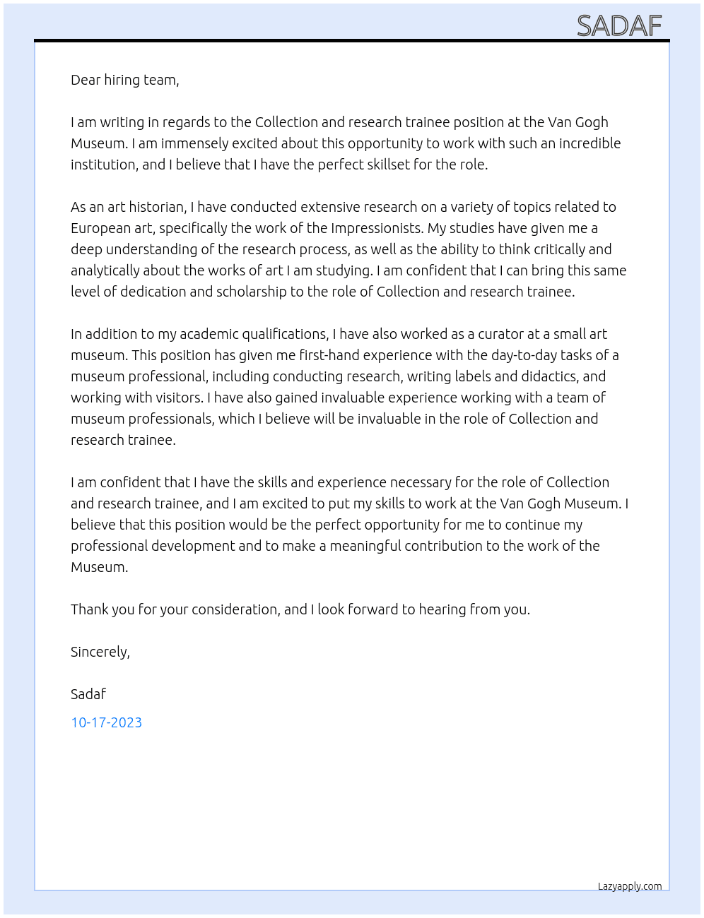 Collection and research trainee At Van Gogh Museum  Cover Letter