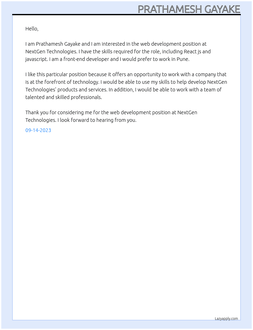 Web development  At NextGen Technologies  Cover Letter