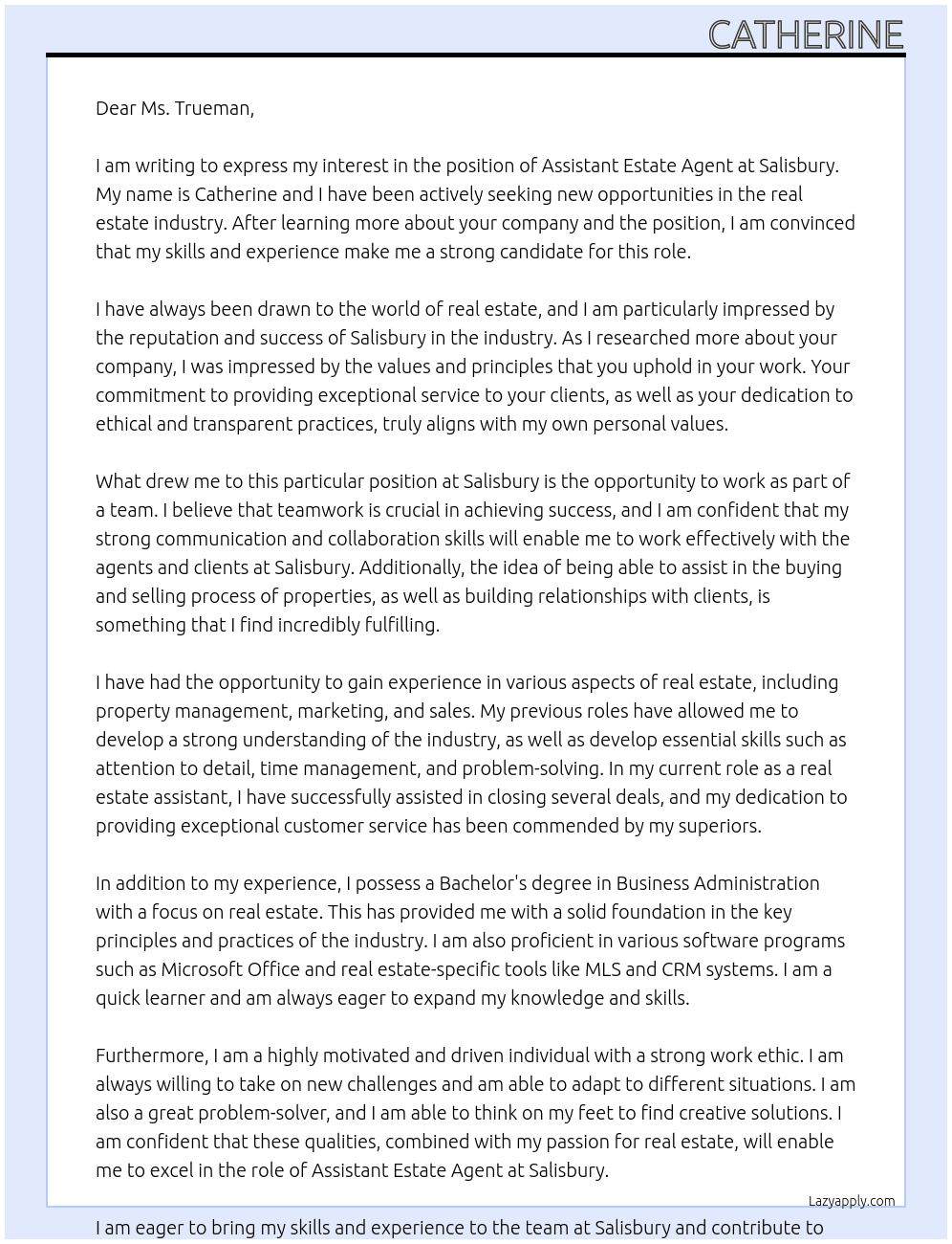 Assistant estate agent  At Salisbury Cover Letter