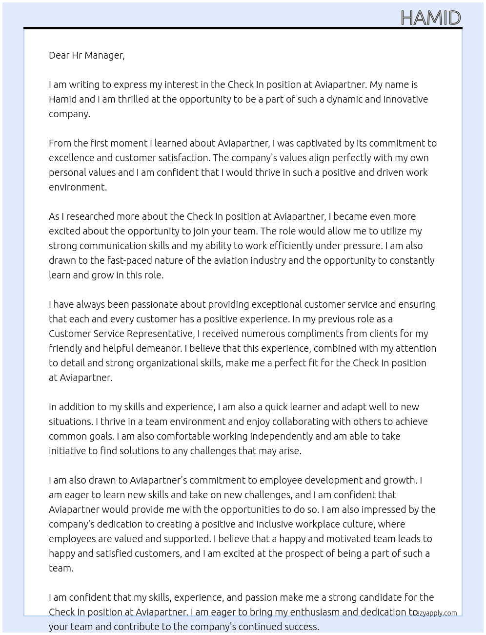 check in At Aviapartner Cover Letter