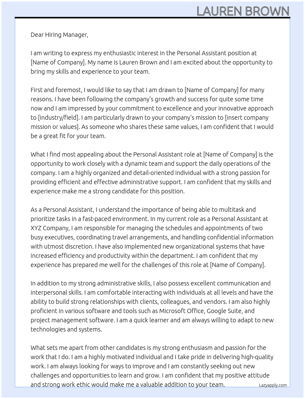 Personal Assistant  At Personal Assistant  Cover Letter
