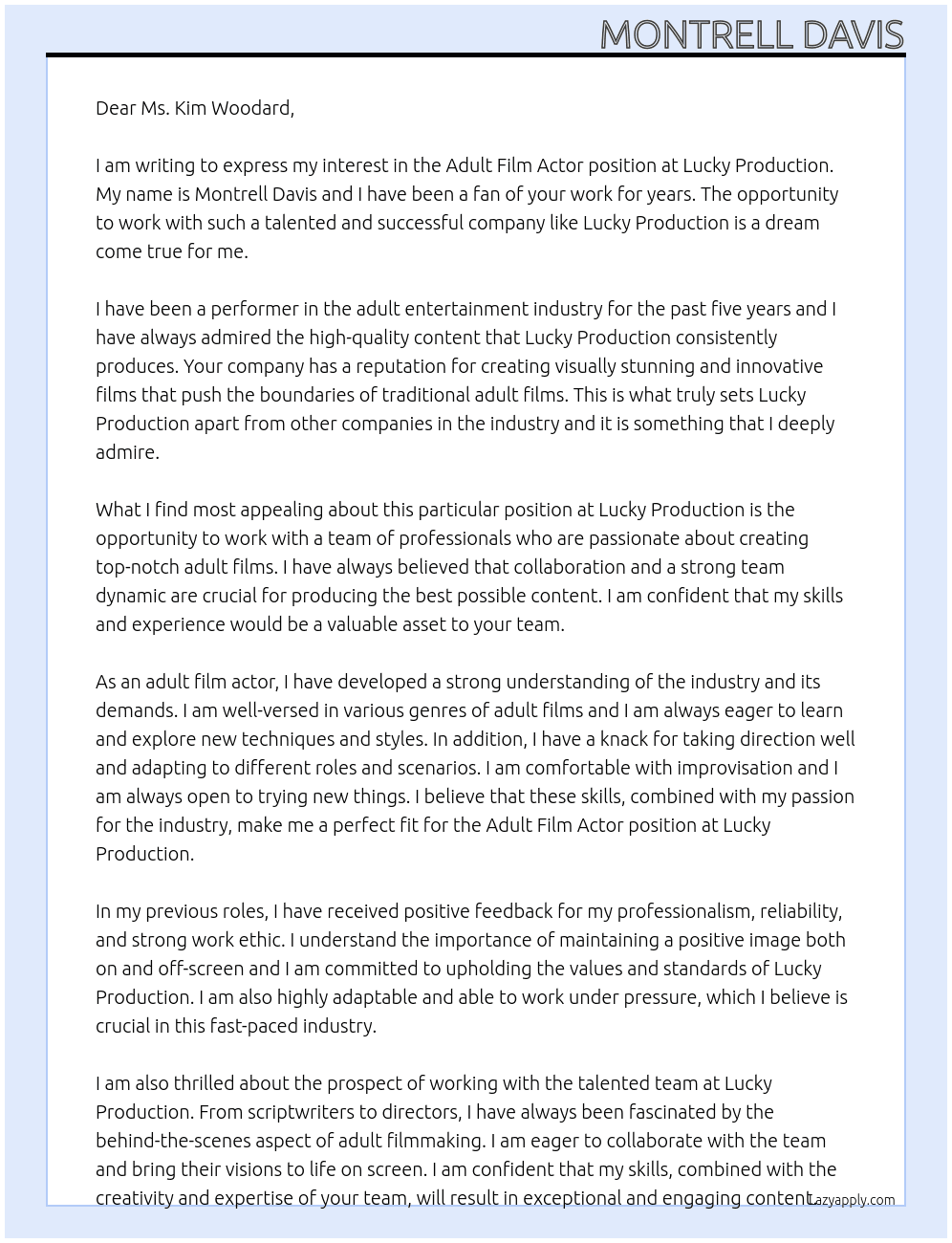 Adult Film Actor At Lucky Production  Cover Letter
