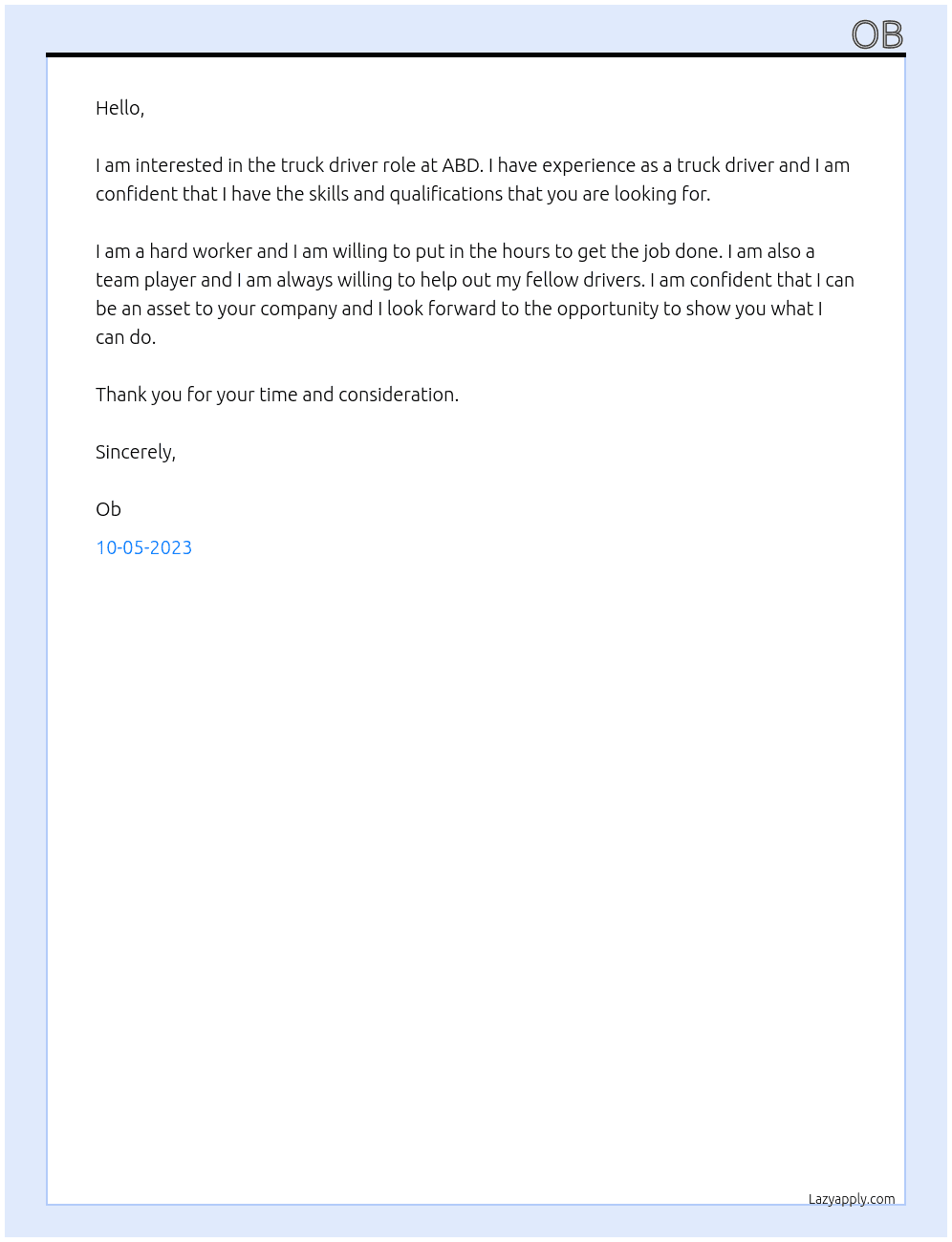 truck driver At ABD Cover Letter