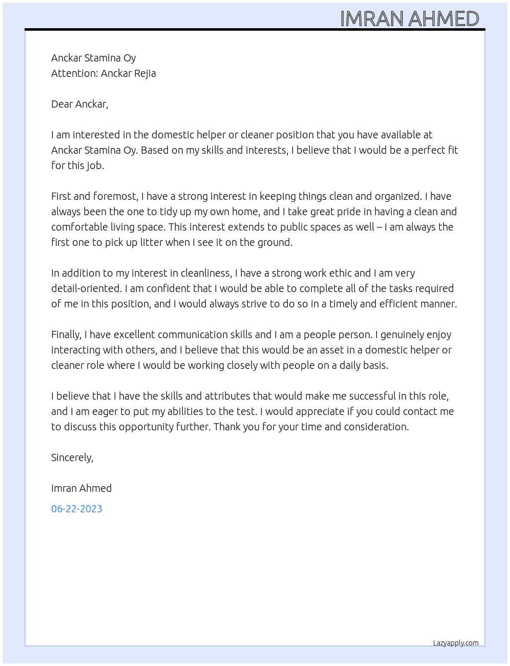 Domestic helper or cleaner At Anckar Stamina Oy Cover Letter