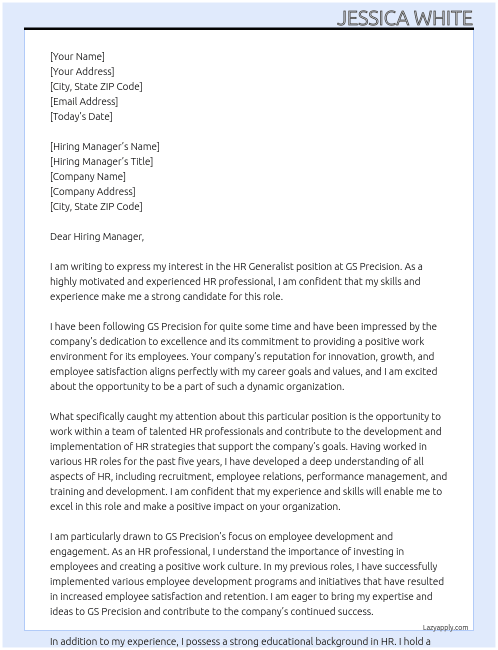 HR generalist  At GS precision Cover Letter