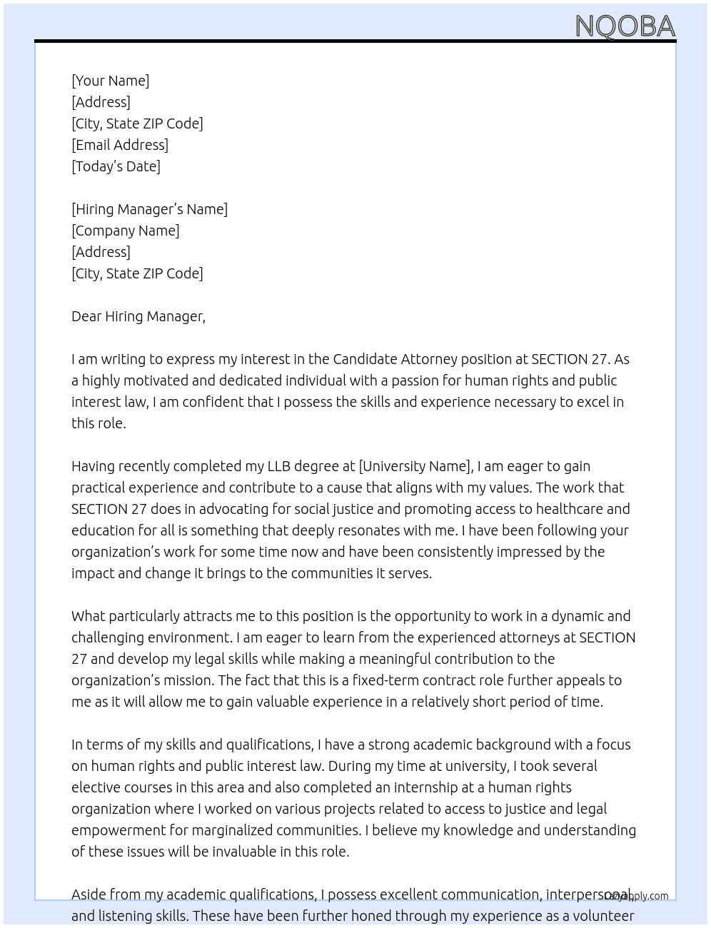 Candidate Attorney At SECTION 27 Cover Letter