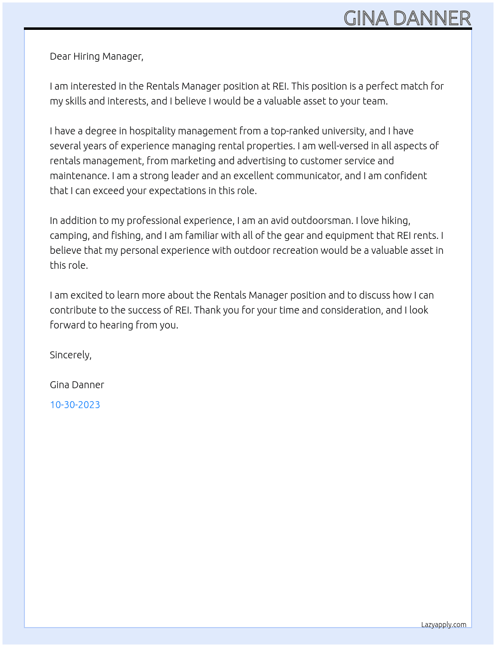Rentals Manager  At REI Cover Letter