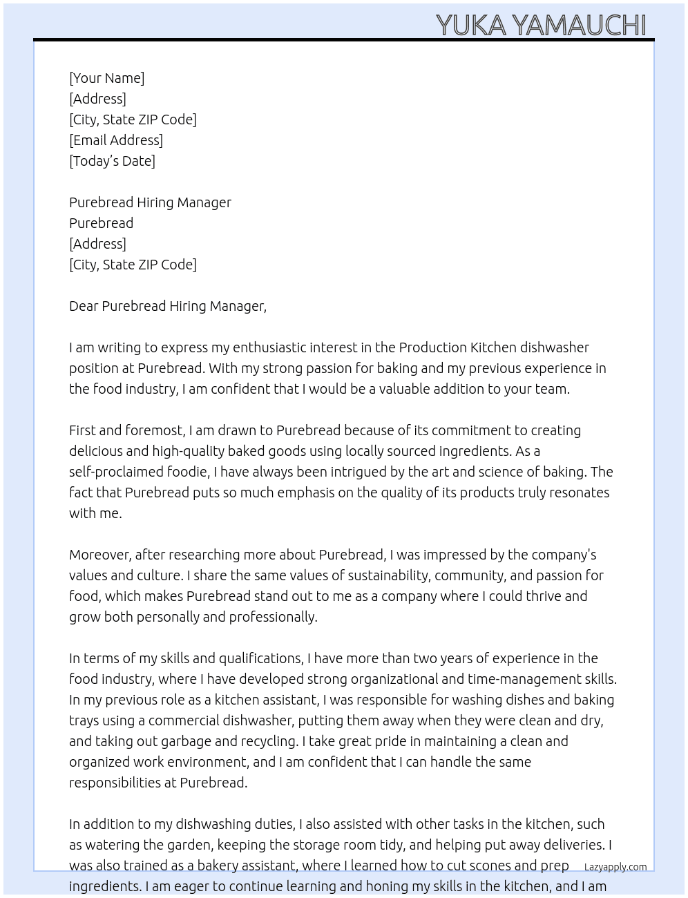 Production Kitchen dishwasher At Purebread Cover Letter