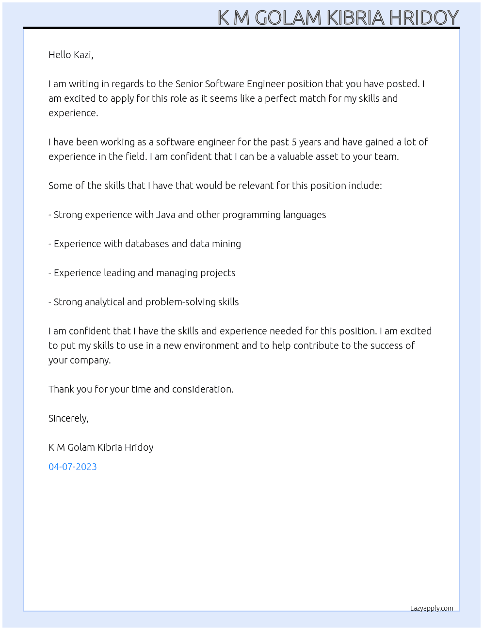ssr At Kazi Cover Letter