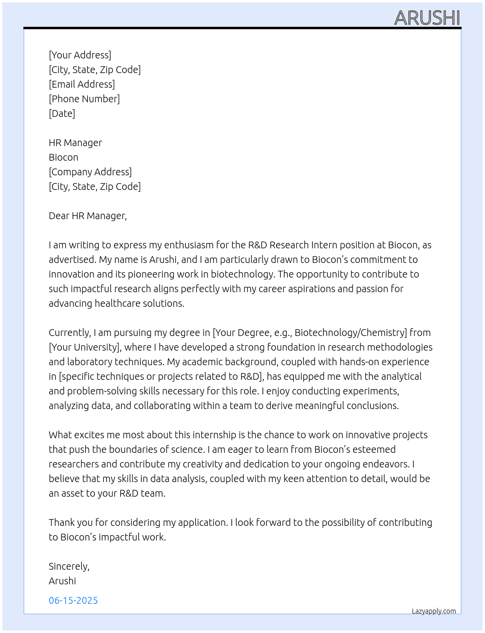 Cover letter for r&d research intern - LazyApply