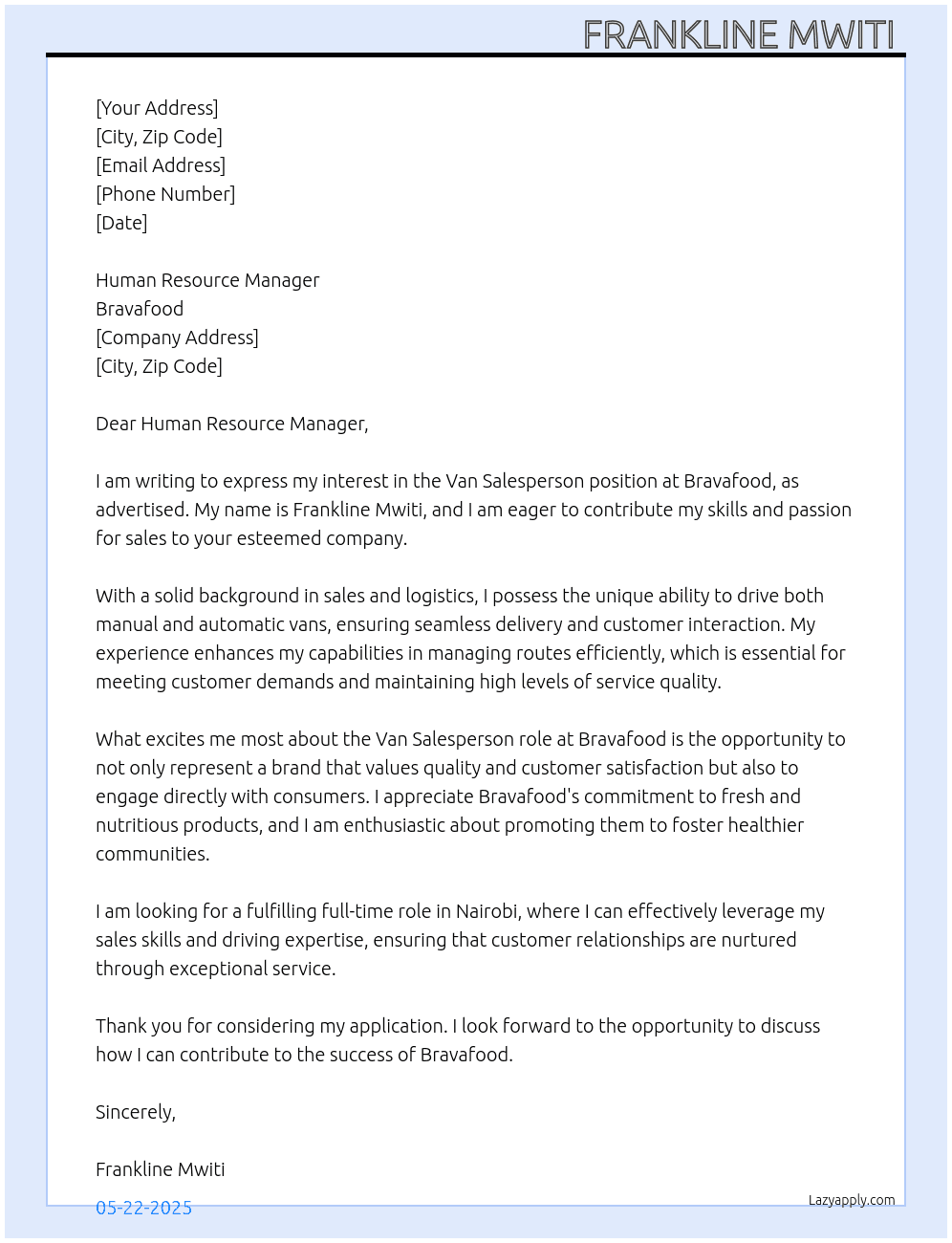 Van salesperson  At Bravafood Cover Letter