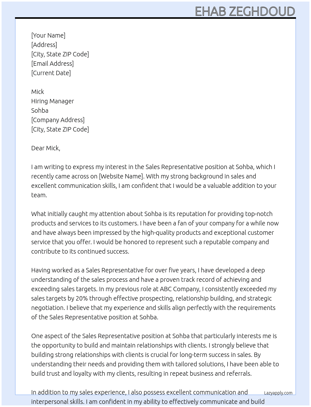 Sales Represantative At Sohba Cover Letter