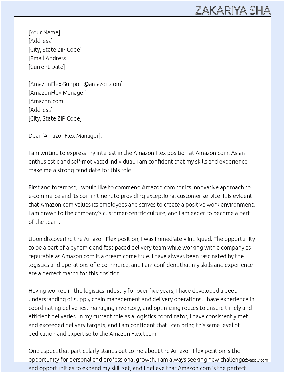 amazon flex At amazon.com Cover Letter