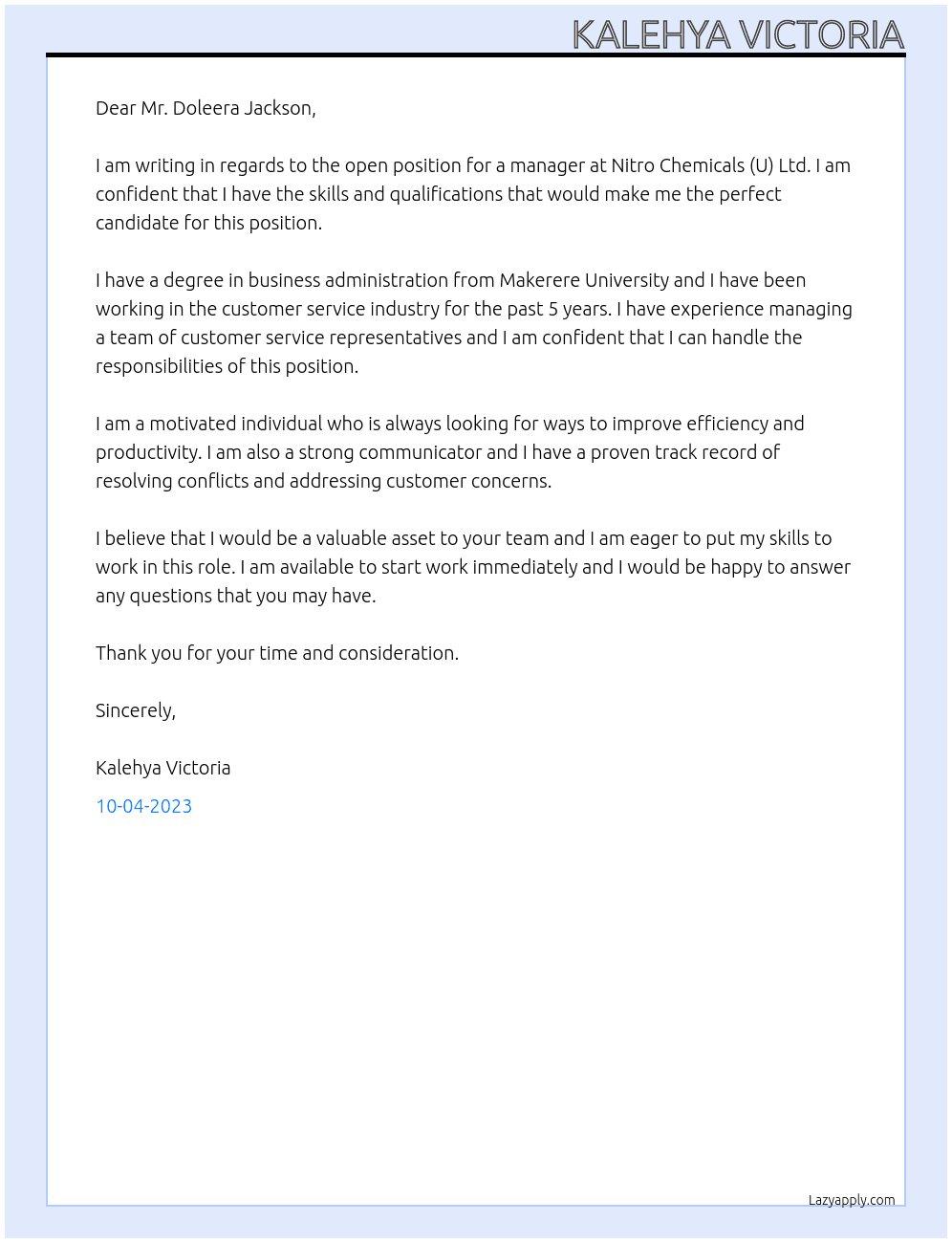manager At UGANDA REVENUE AUTHORITY Cover Letter