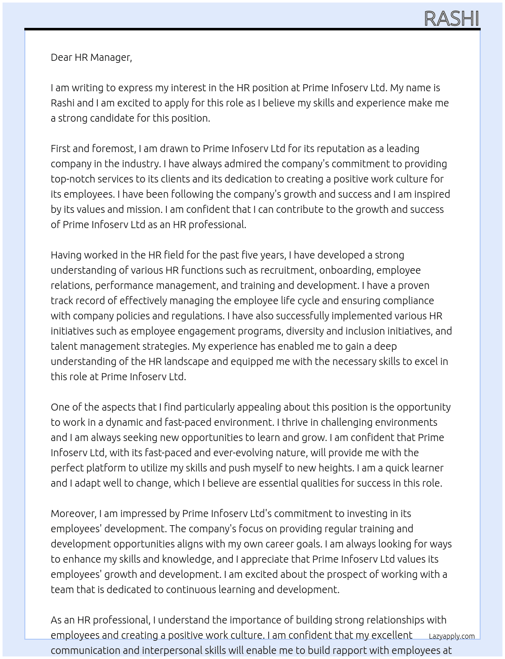 hr At prime infoserv ltd Cover Letter