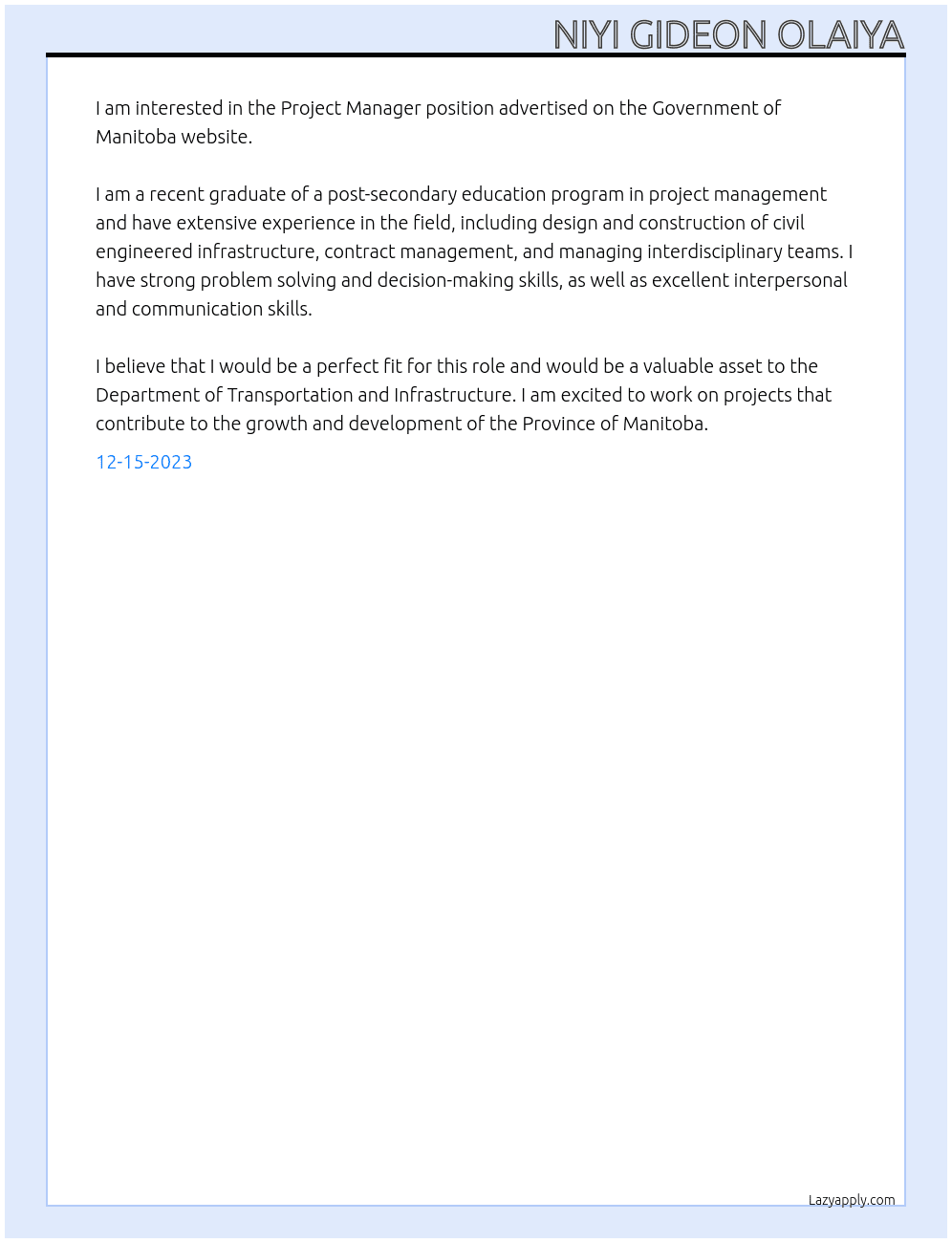Project Manager At Department of Transportation and Infrastructure Cover Letter