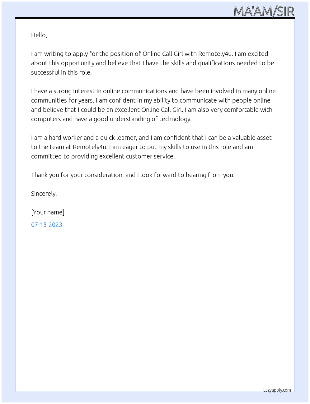 Online Call girl At Remotely4u Cover Letter