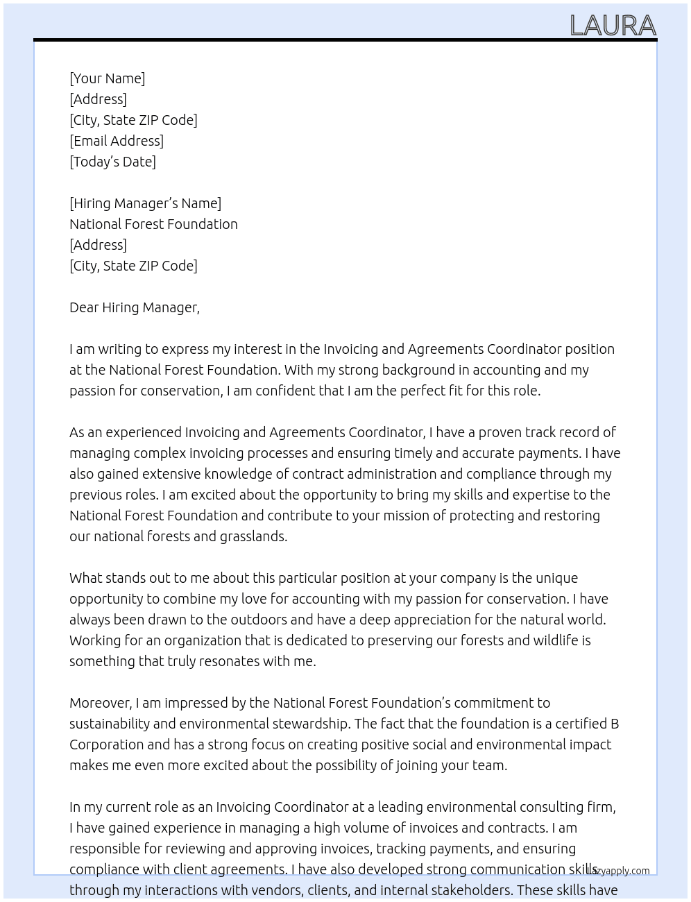 Invoicing and Agreements Coordinator At National Forest Foundation Cover Letter
