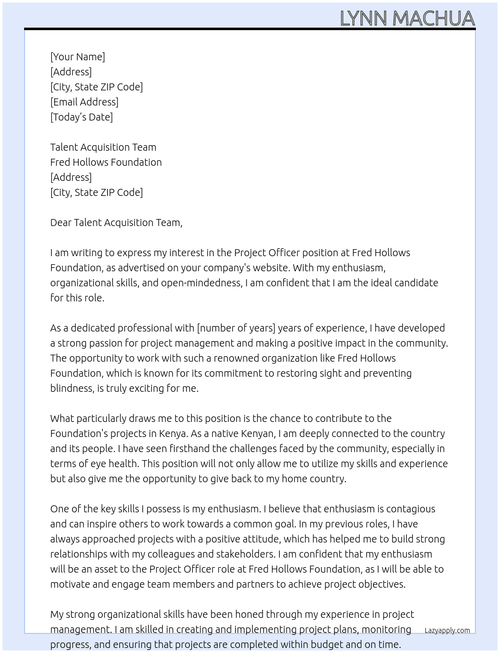 Project Officer  At Fred Hollows Foundation Cover Letter