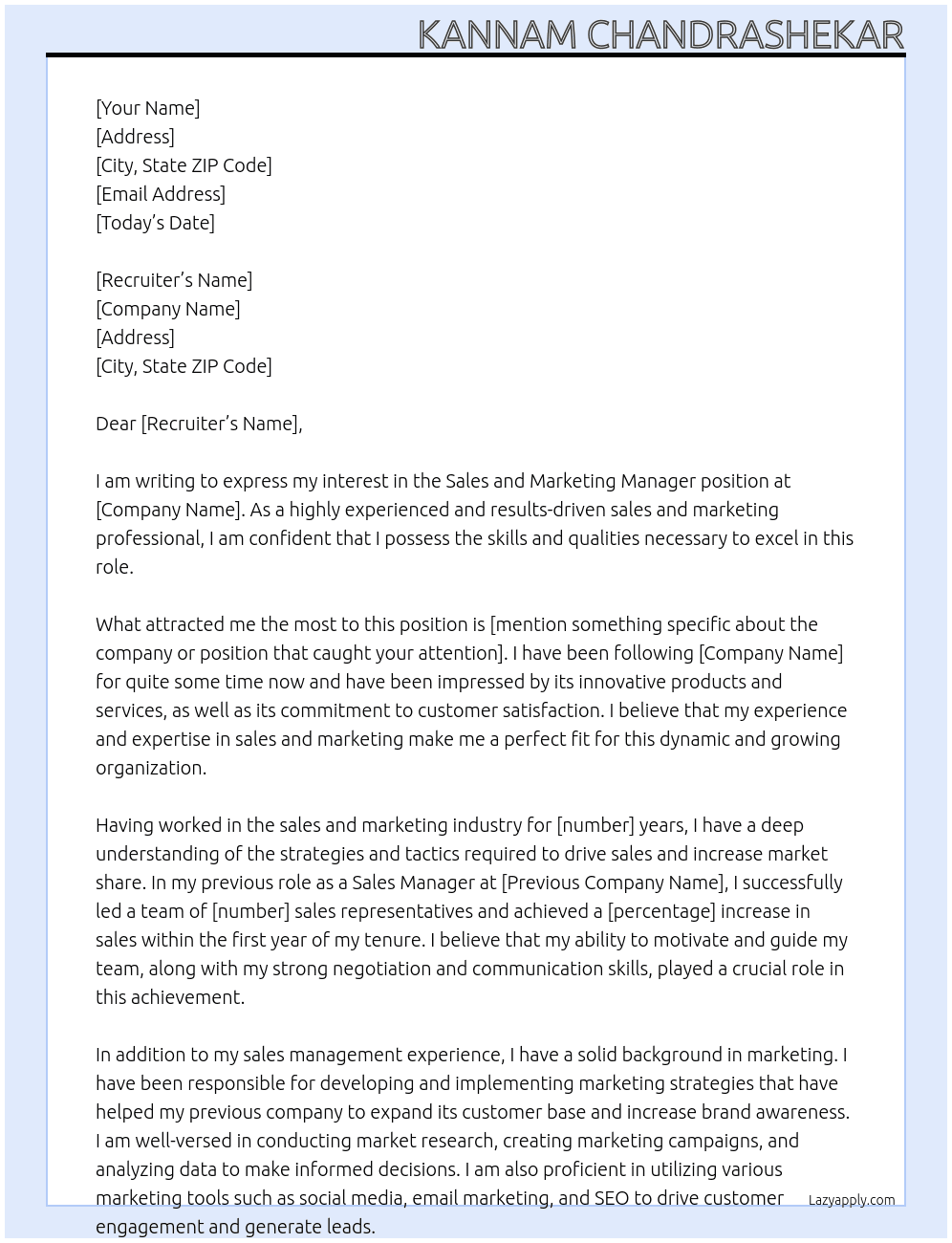 Sales and marketing manager At Recruiter  Cover Letter