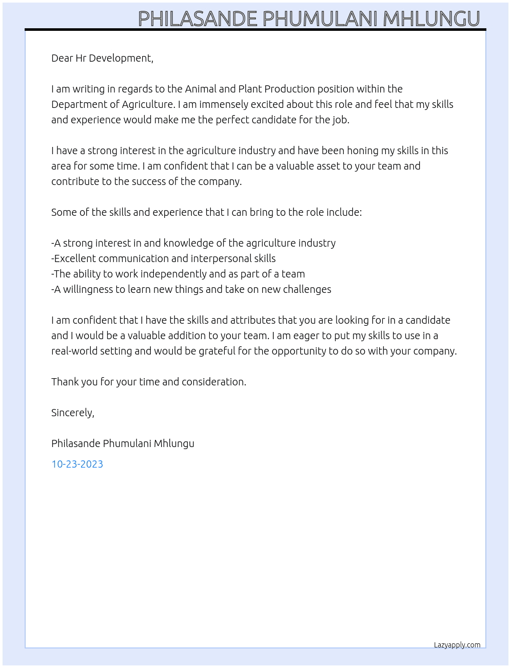 Animal and Plant Production  At Agriculture Learnership  Cover Letter