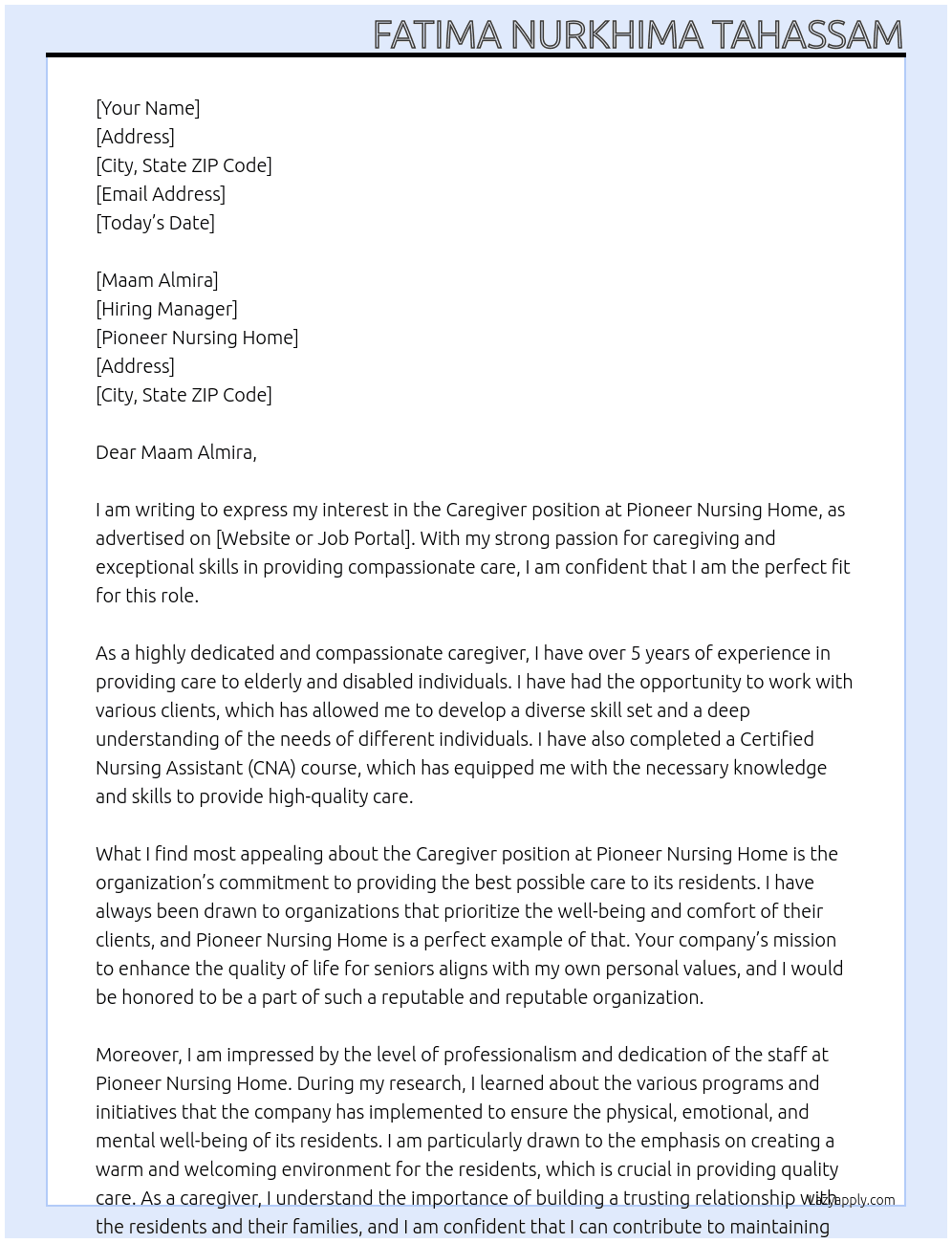 caregiver At Pioneer Nursing Home Cover Letter