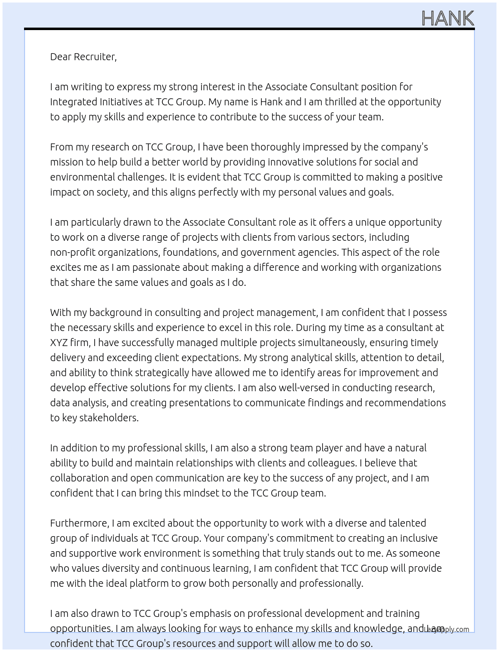 Associate Consultant, Integrated Initiatives At TCC Group Cover Letter
