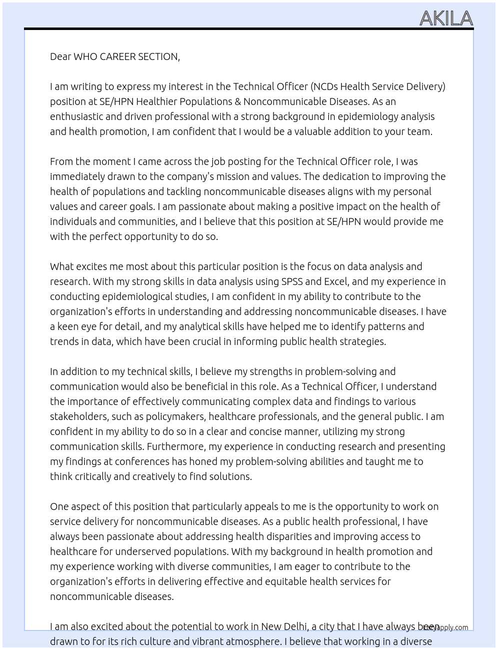 Technical Officer (NCDs Health Service Delivery) - (2405155) At SE/HPN Healthier Populations & Noncommunicable Diseases Cover Letter