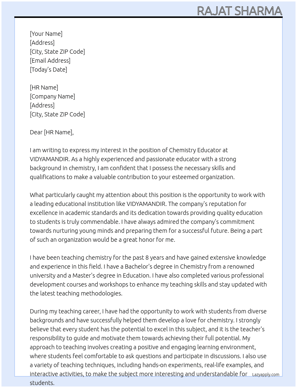 Chemistry Educator At VIDYAMANDIR Cover Letter
