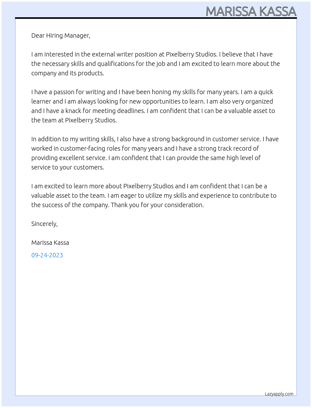 external writer At Pixelberry Studios Cover Letter