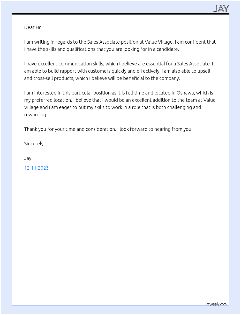 Sales associate  At Value Village  Cover Letter