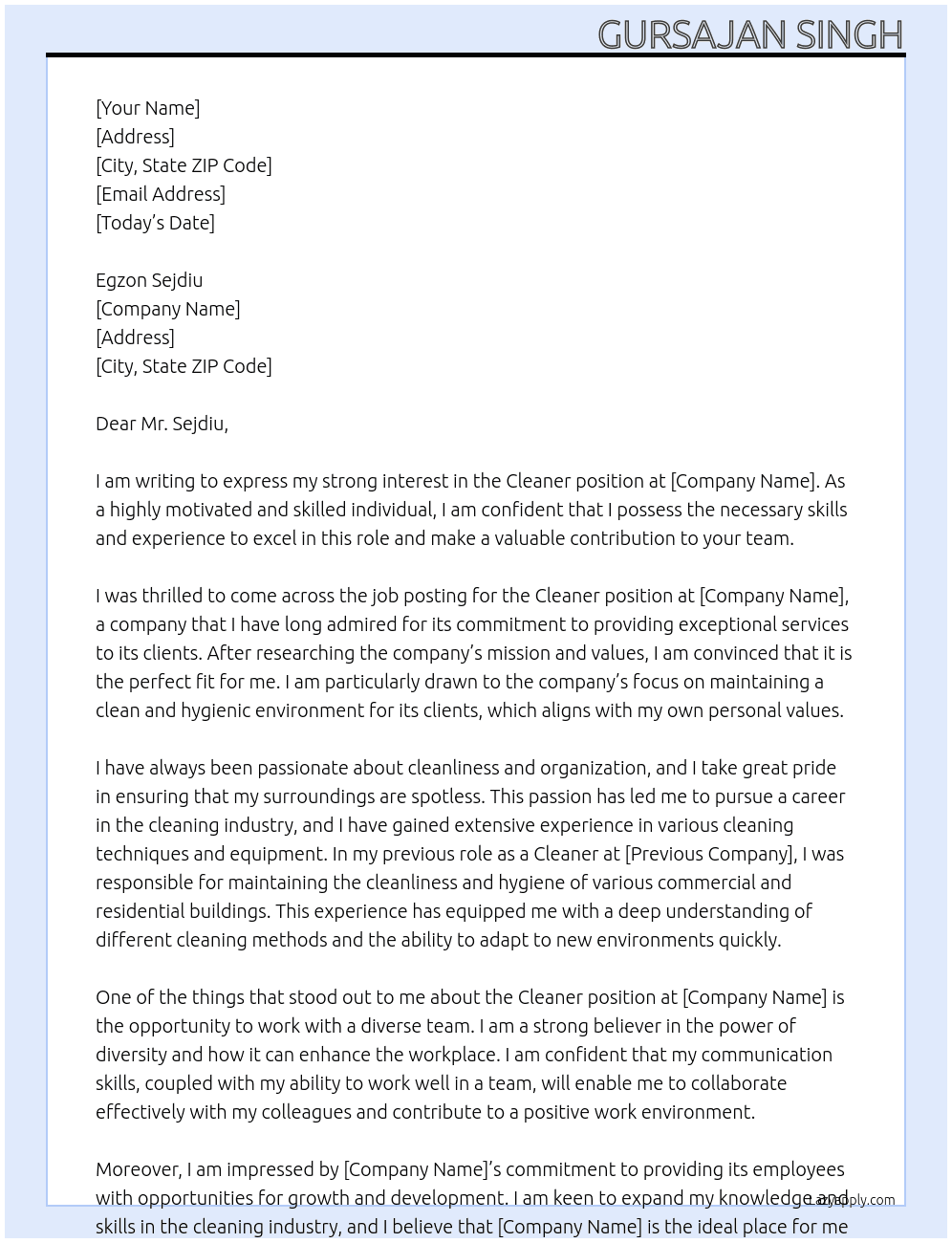 Cleaner At Egzon Sejdiu Cover Letter