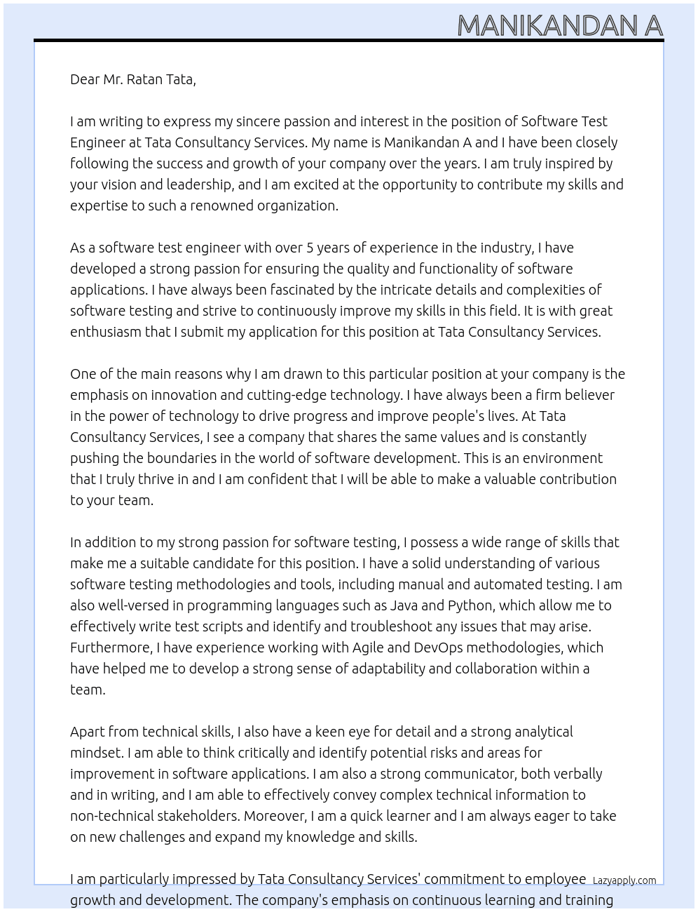 software test engineer At tata consultancy service Cover Letter