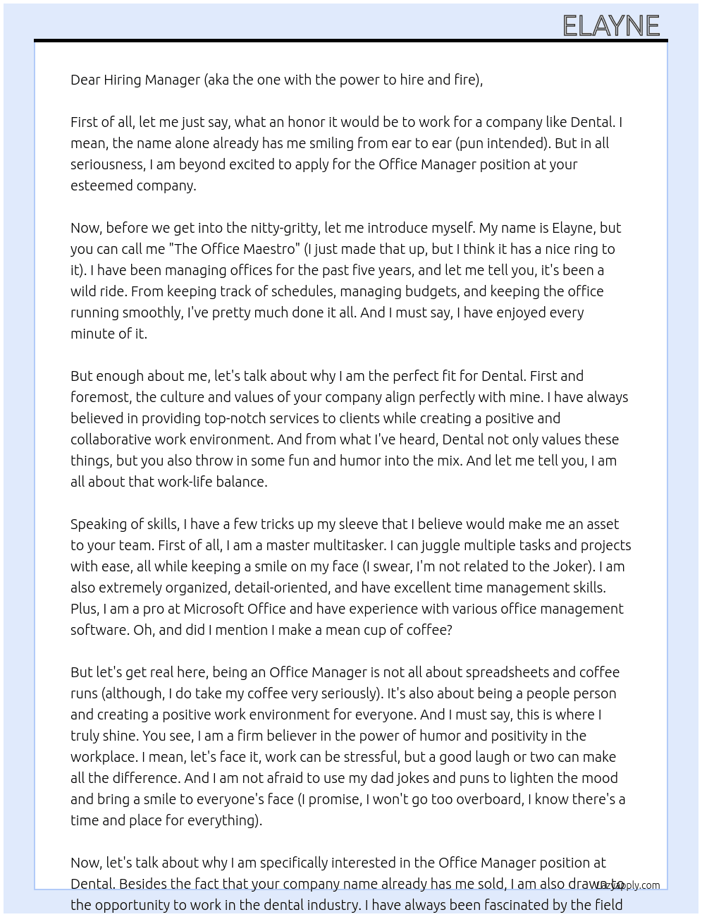 Office manager At Dental Cover Letter