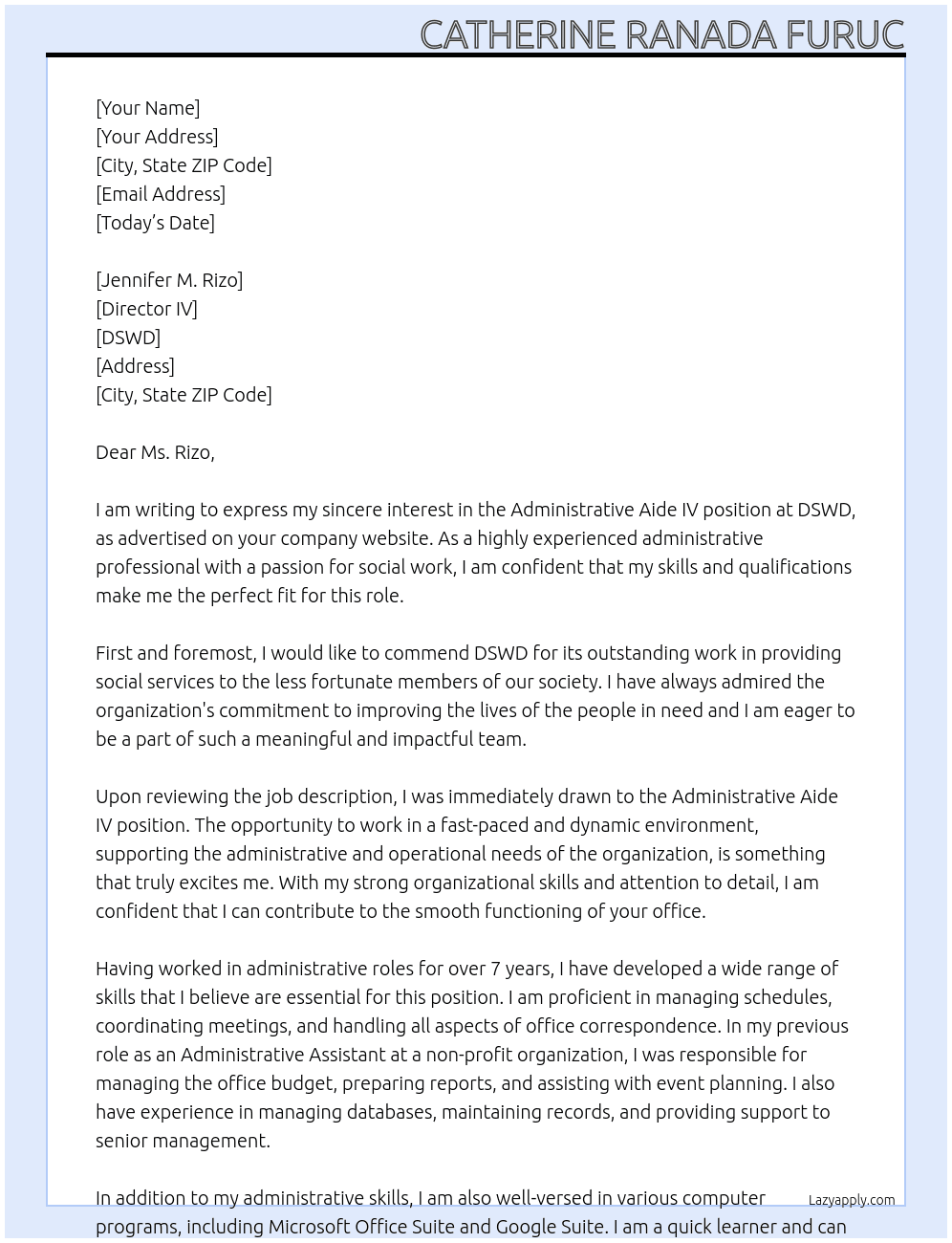Administrative Aide IV At DSWD Cover Letter