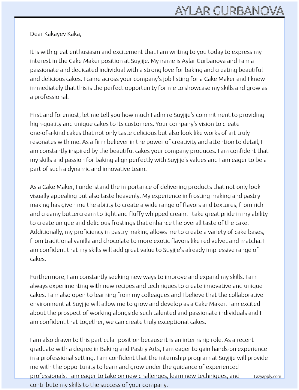 Cake maker At Suyjije Cover Letter
