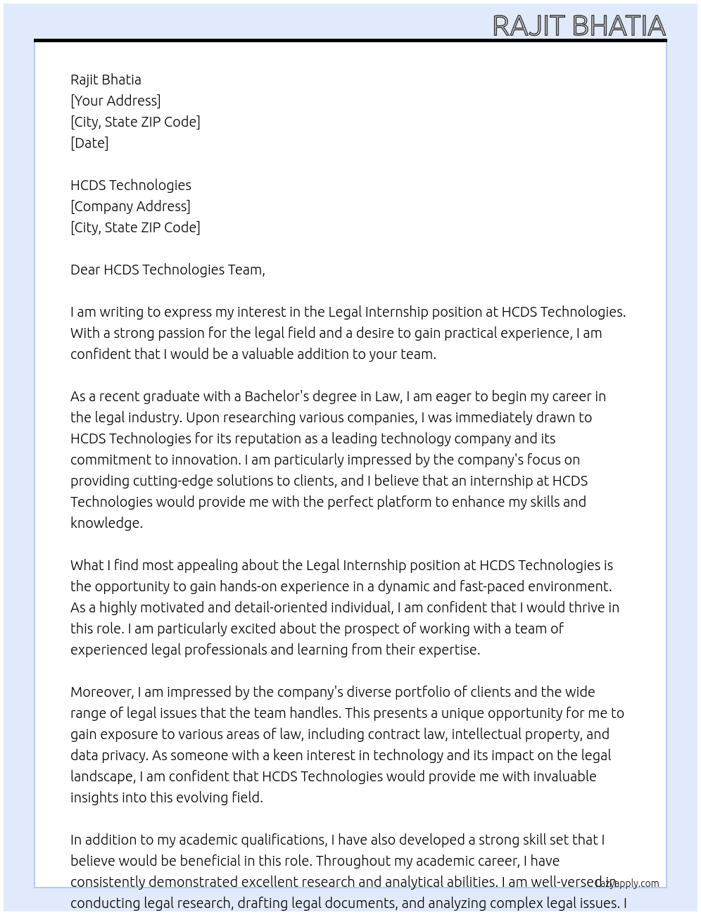 Legal internship  At HCDS technologies  Cover Letter