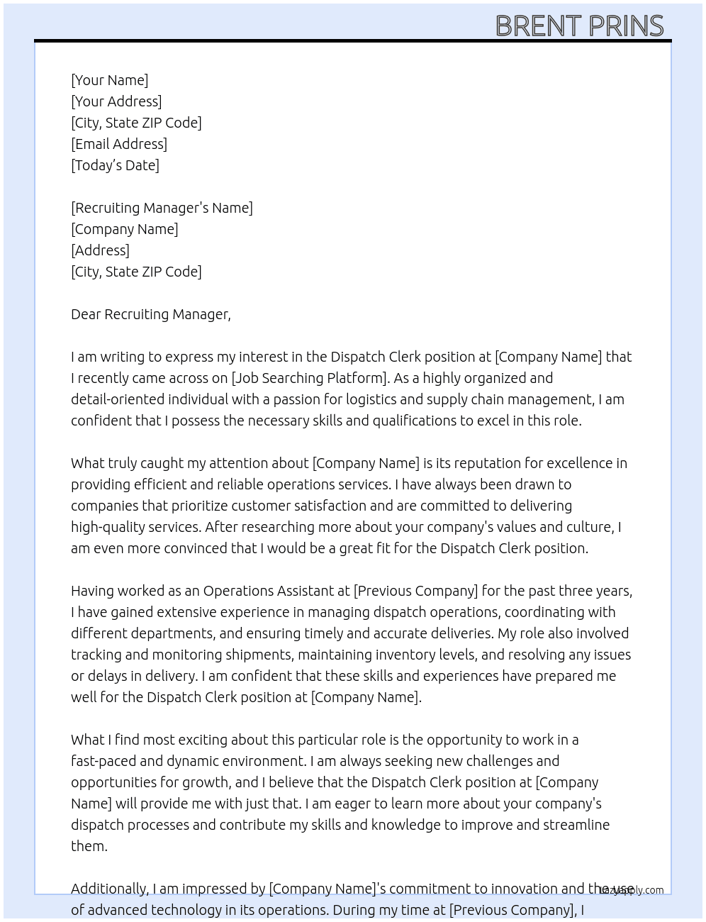 Dispatch Clerk  At Operations Assistant  Cover Letter